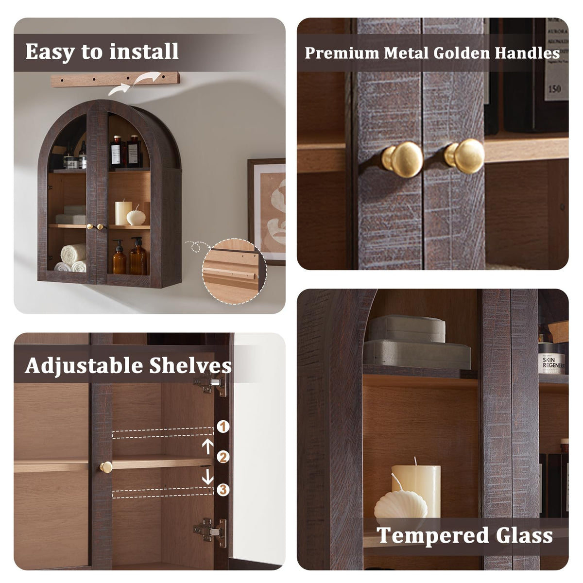 Arched Wall Cabinet with Glass Doors & Adjustable Shelves, 23.5×31.4 Inch F77276
