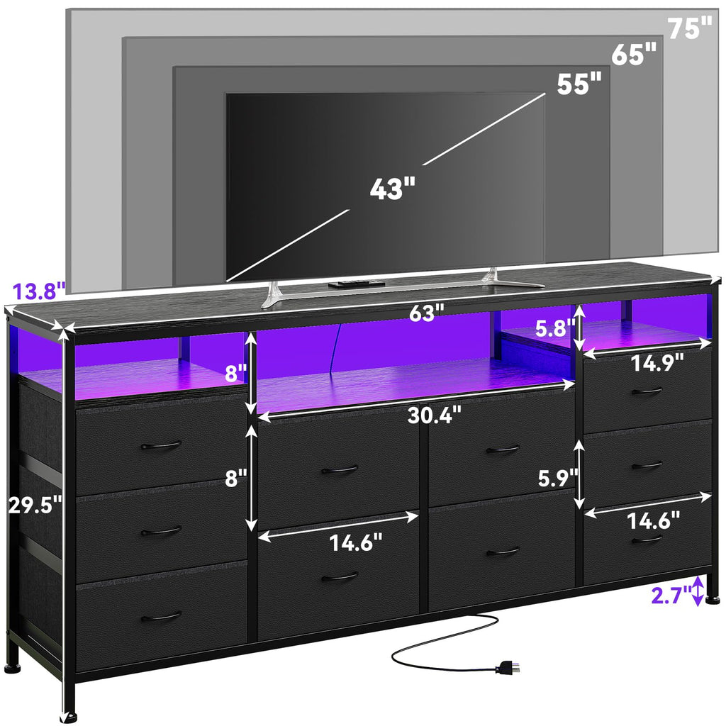 10 Drawer Dresser TV Stand with LED Lights and Power Outlets X937