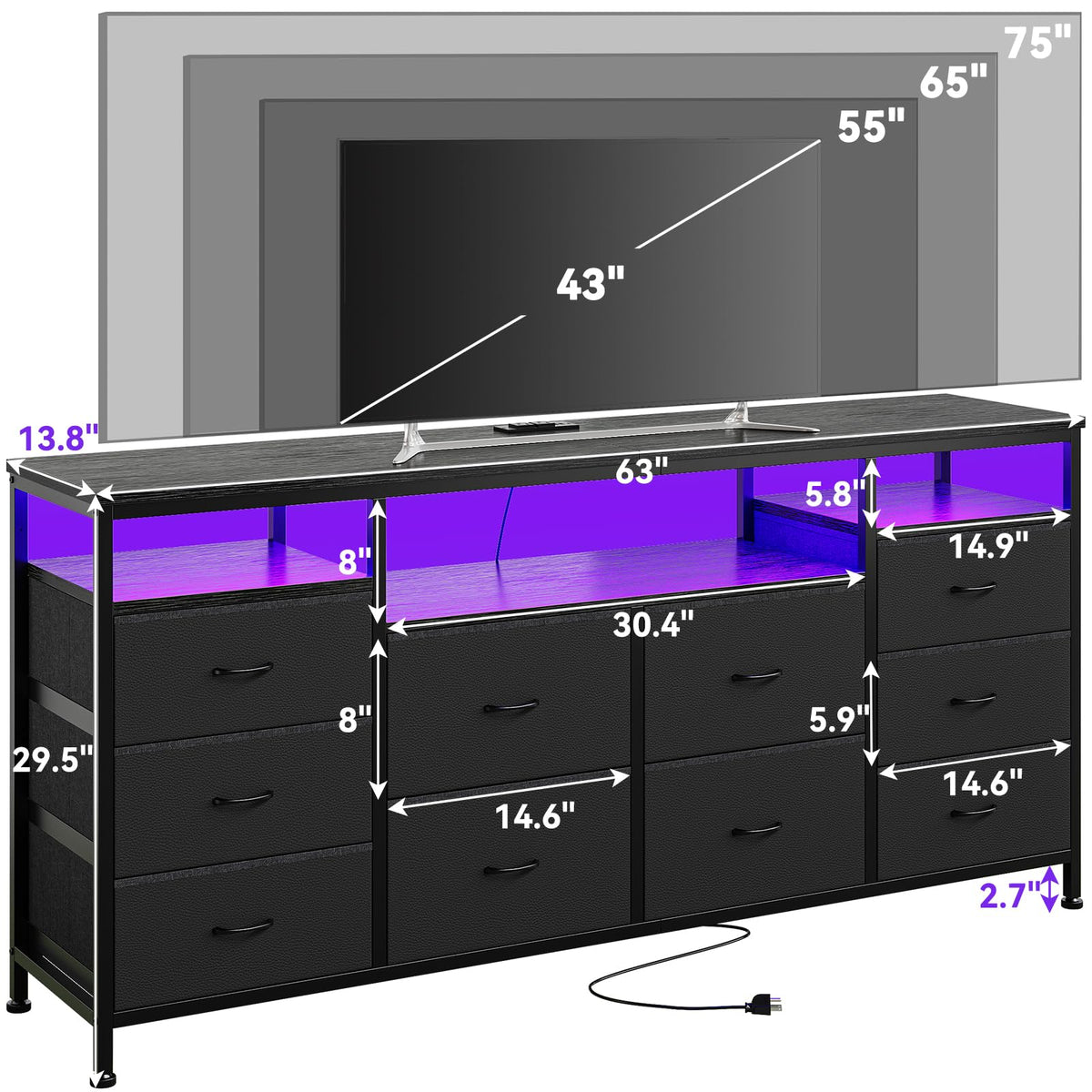 10 Drawer Dresser TV Stand with LED Lights and Power Outlets X937