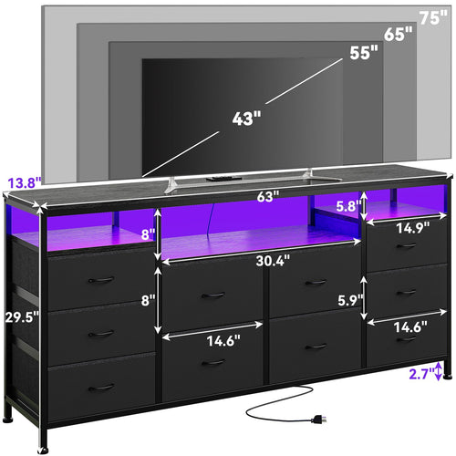 10 Drawer Dresser TV Stand with LED Lights and Power Outlets X937