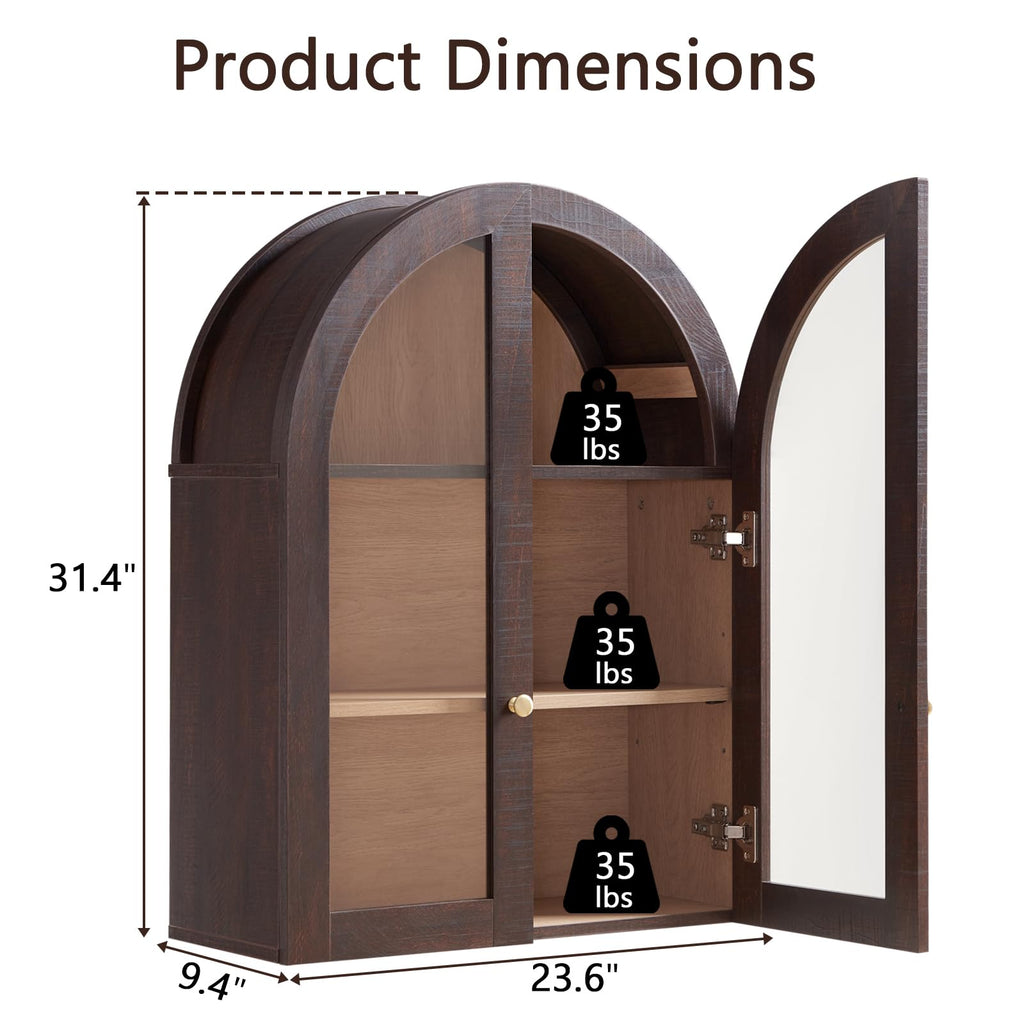 Arched Wall Cabinet with Glass Doors & Adjustable Shelves, 23.5×31.4 Inch F77276
