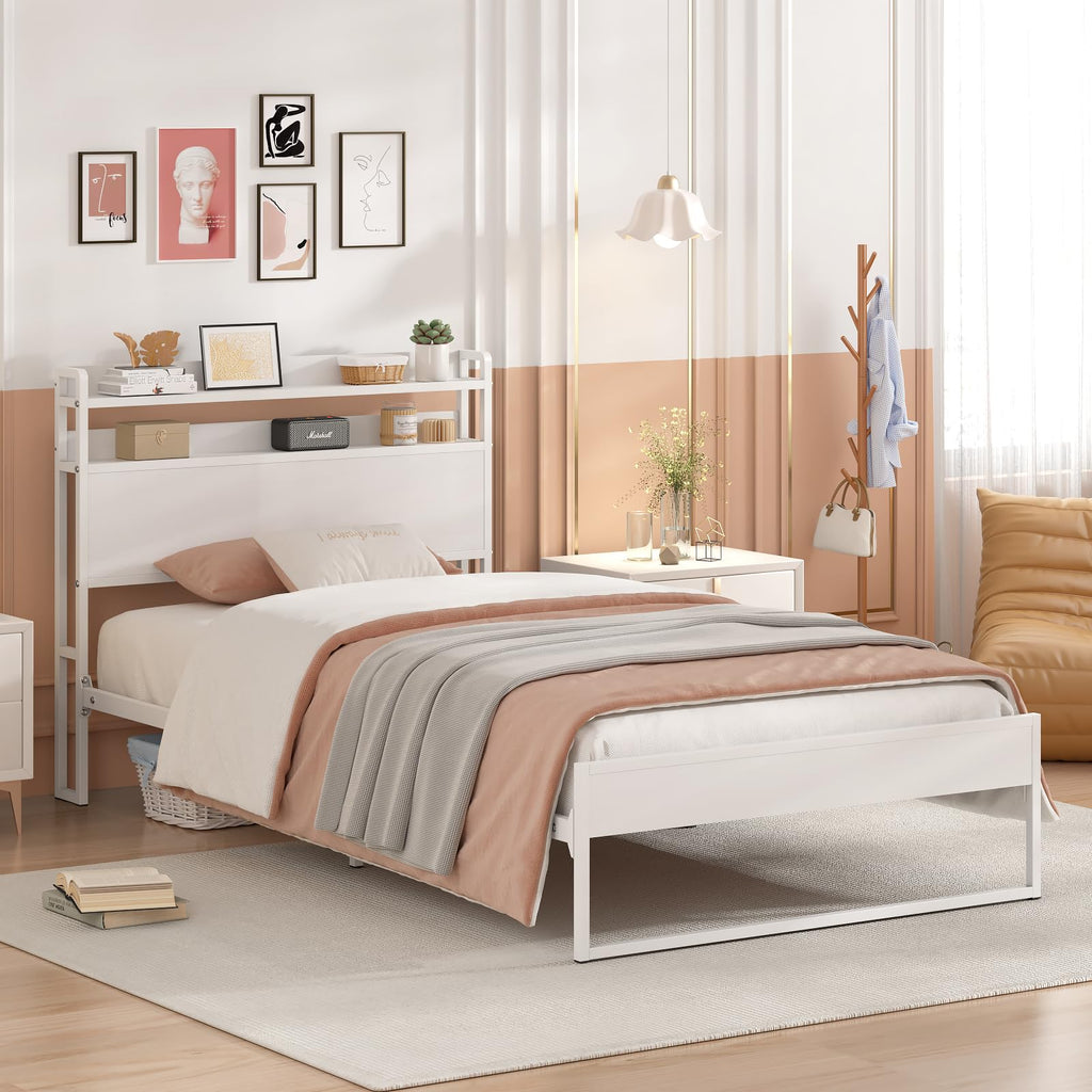 White Metal Twin Bed Frame with 2-Tier Storage Headboard L945506