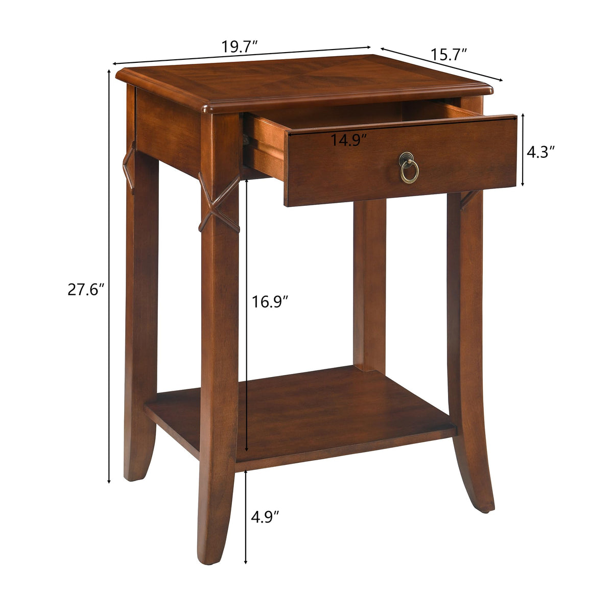 Small Solid Wood Side End Table with Drawer and Storage Shelf S3702