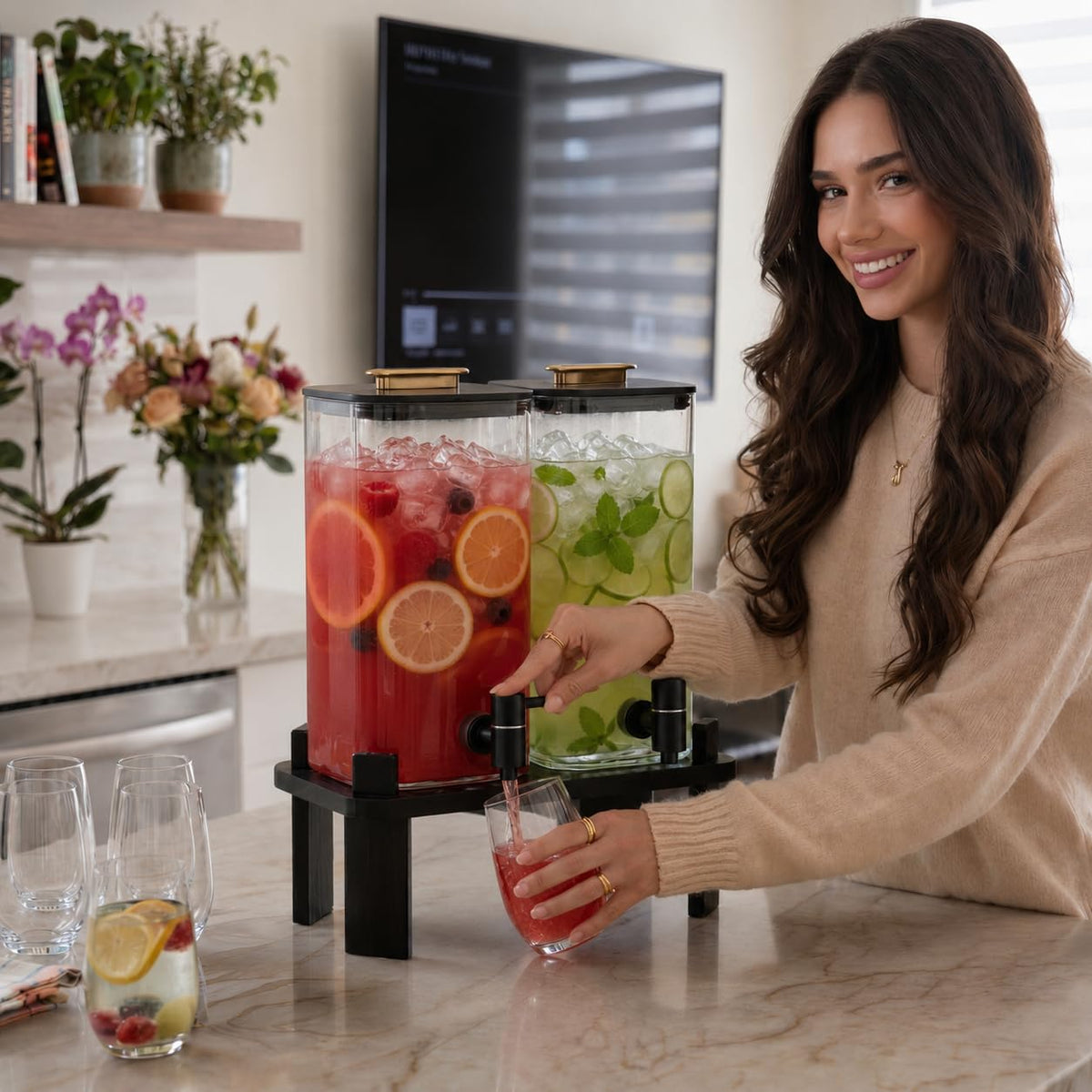 2 PCS 3 Gallon Glass Beverage Dispenser with Wood Stand T3713