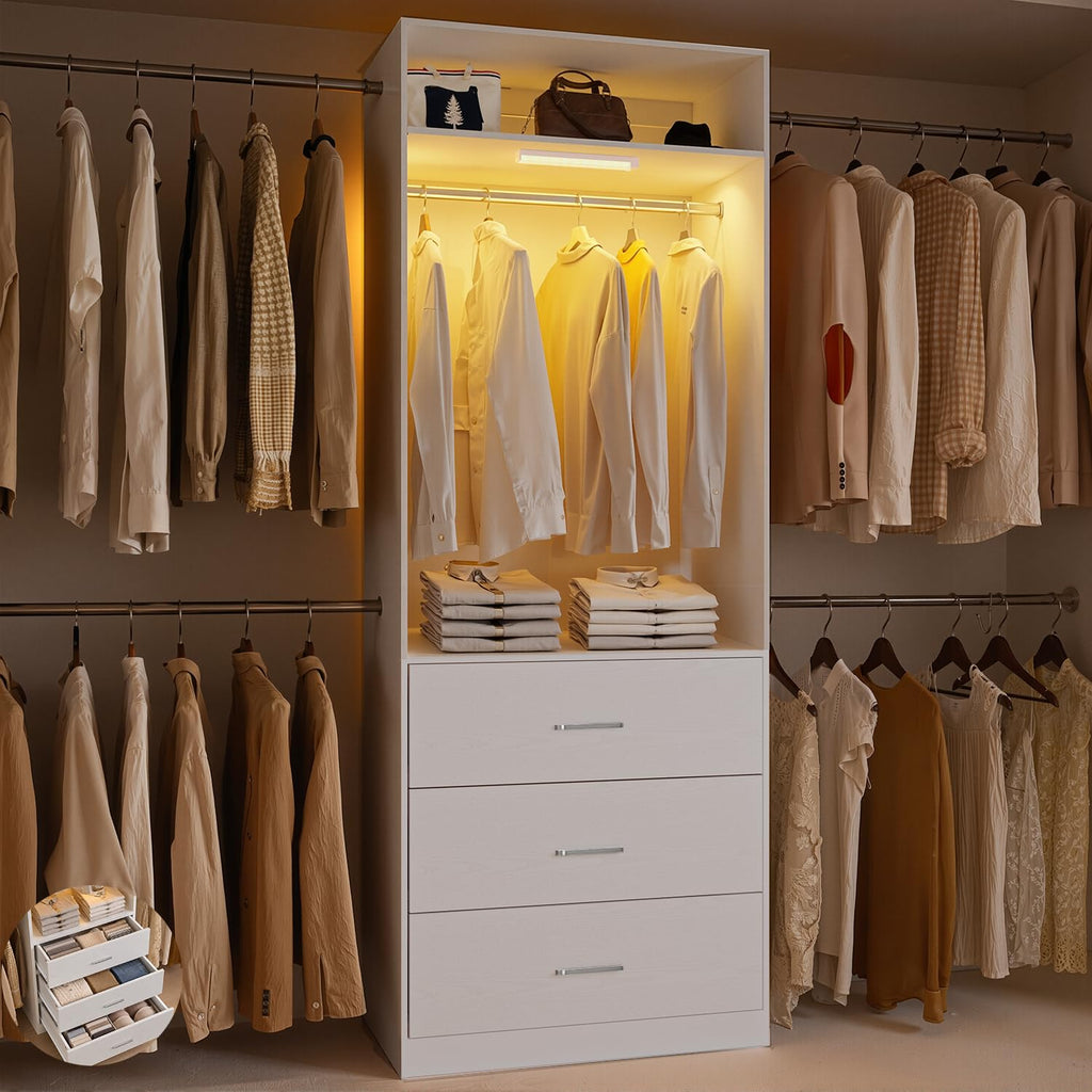 Wooden 11FT Closet Organizer with 3 Drawers and 4 Hanging Rods White Z716