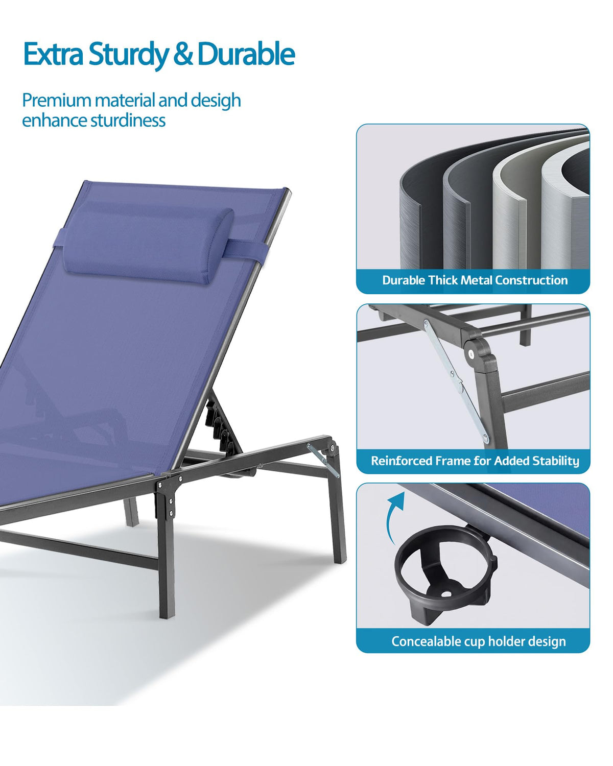 2 Pack Blue Foldable Chaise Lounge Chair with Cup Holder and Pillow B519
