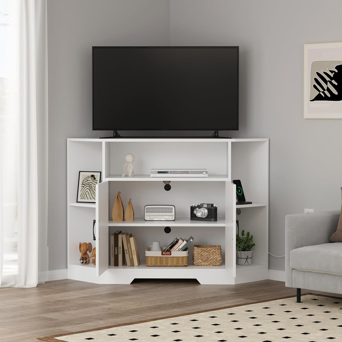 Corner TV Stand with Power Outlet & Barn Doors Z495