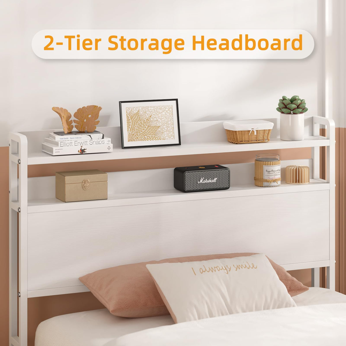White Metal Twin Bed Frame with 2-Tier Storage Headboard L945506