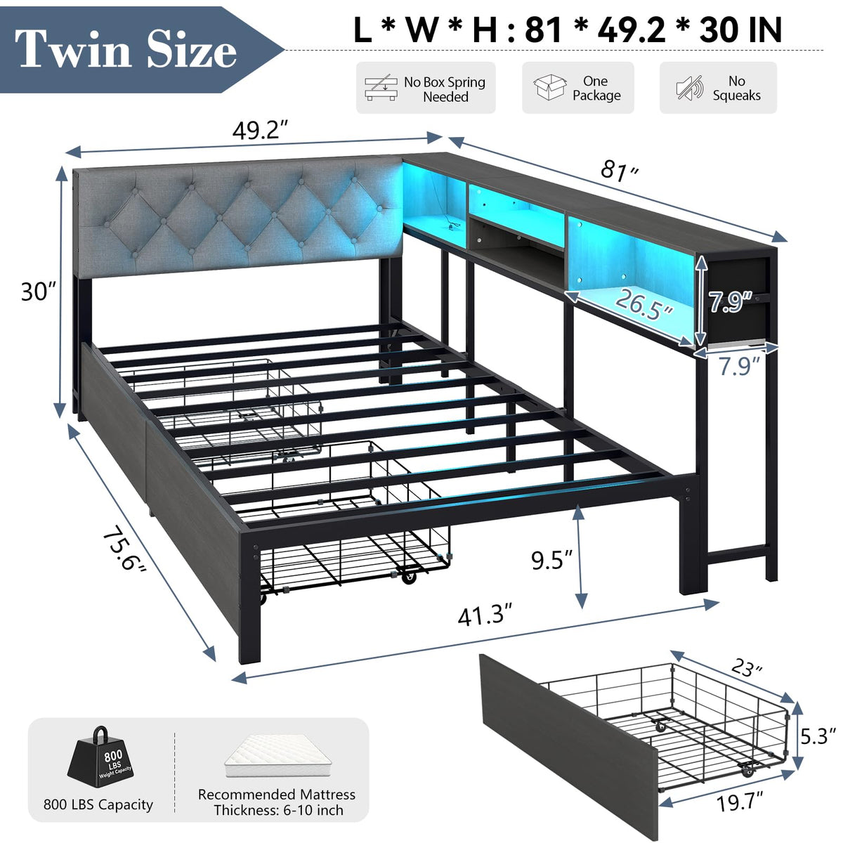 Gray Twin Corner Bed Frame with Storage Bookcase and Headboard G334613