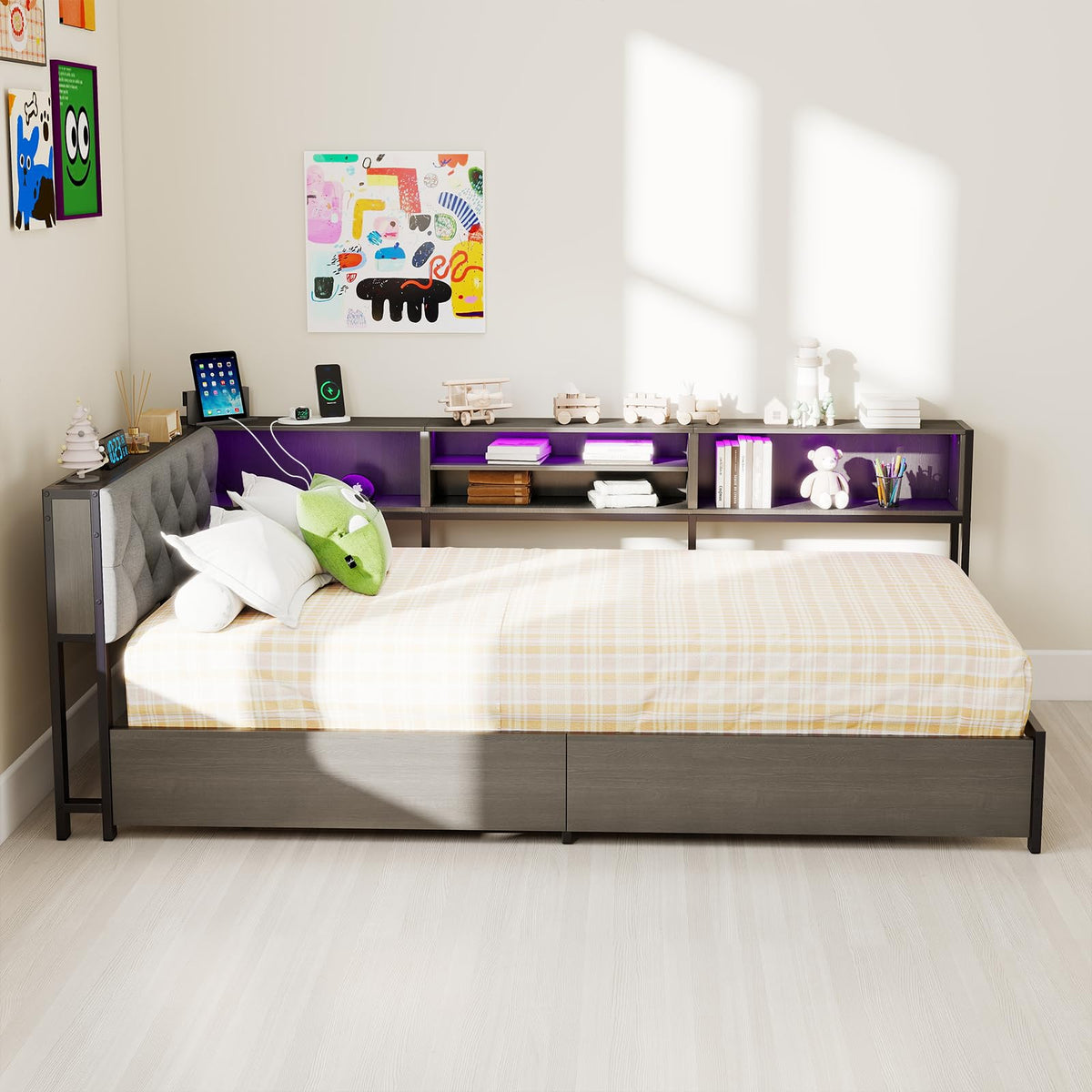 Gray Twin Corner Bed Frame with Storage Bookcase and Headboard G334613