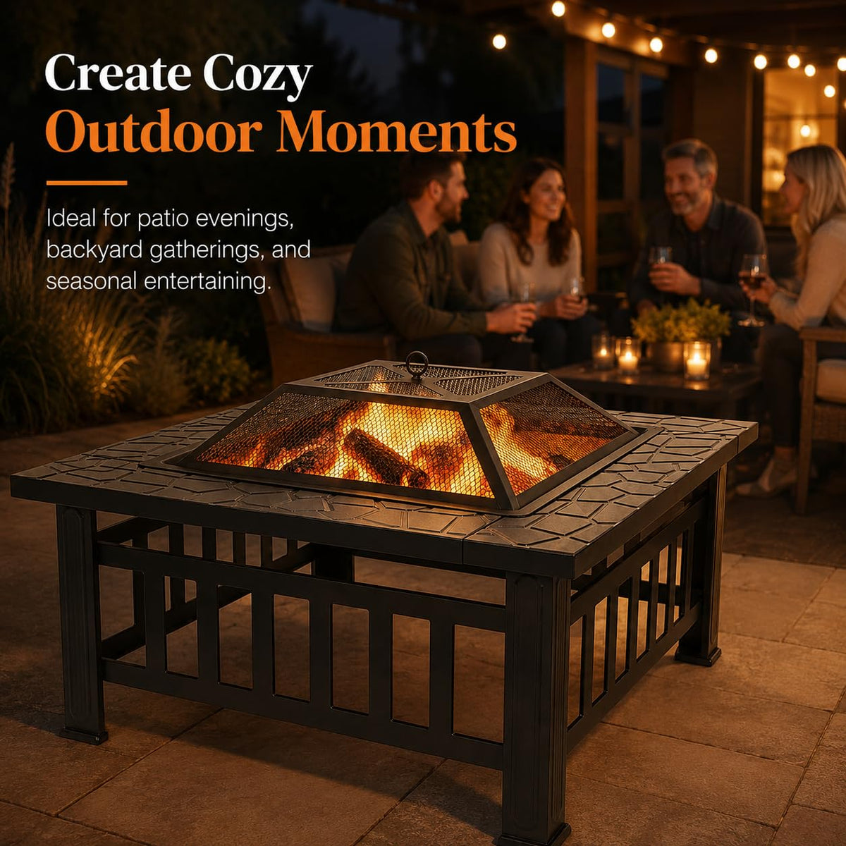 32 Inch Square Metal Wood Burning Fire Pit with Spark Screen and Poker X4632