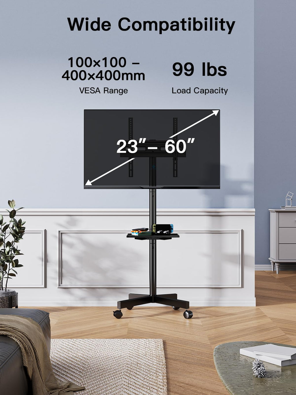 Rolling TV Stand on Wheels for 23-65 Inch TVs, Tilt Mobile TV Cart Holds up to 99 lbs with Adjustable Height Shelf H9430