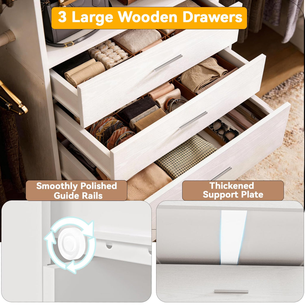Wooden 11FT Closet Organizer with 3 Drawers and 4 Hanging Rods White Z716