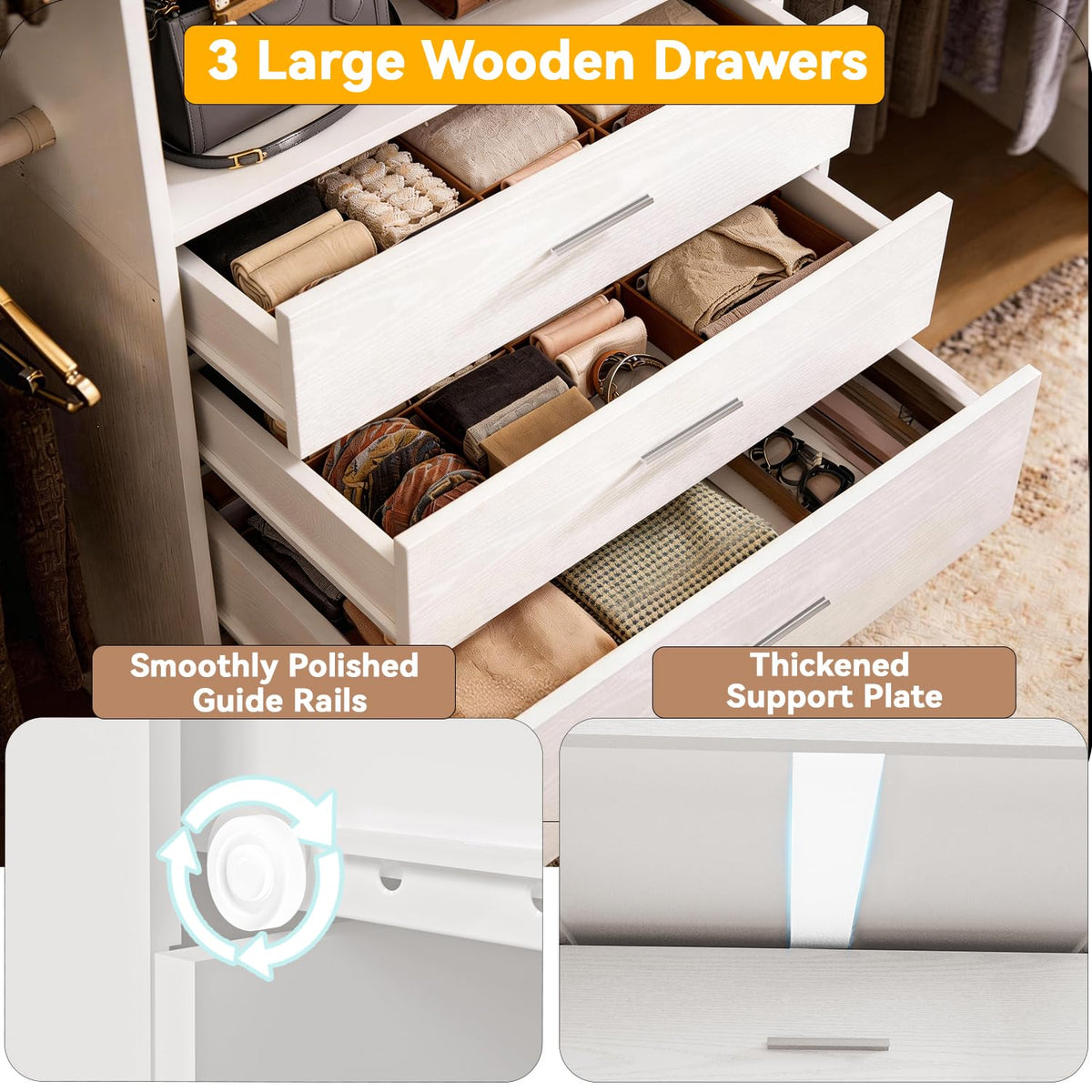 Wooden 11FT Closet Organizer with 3 Drawers and 4 Hanging Rods White Z716