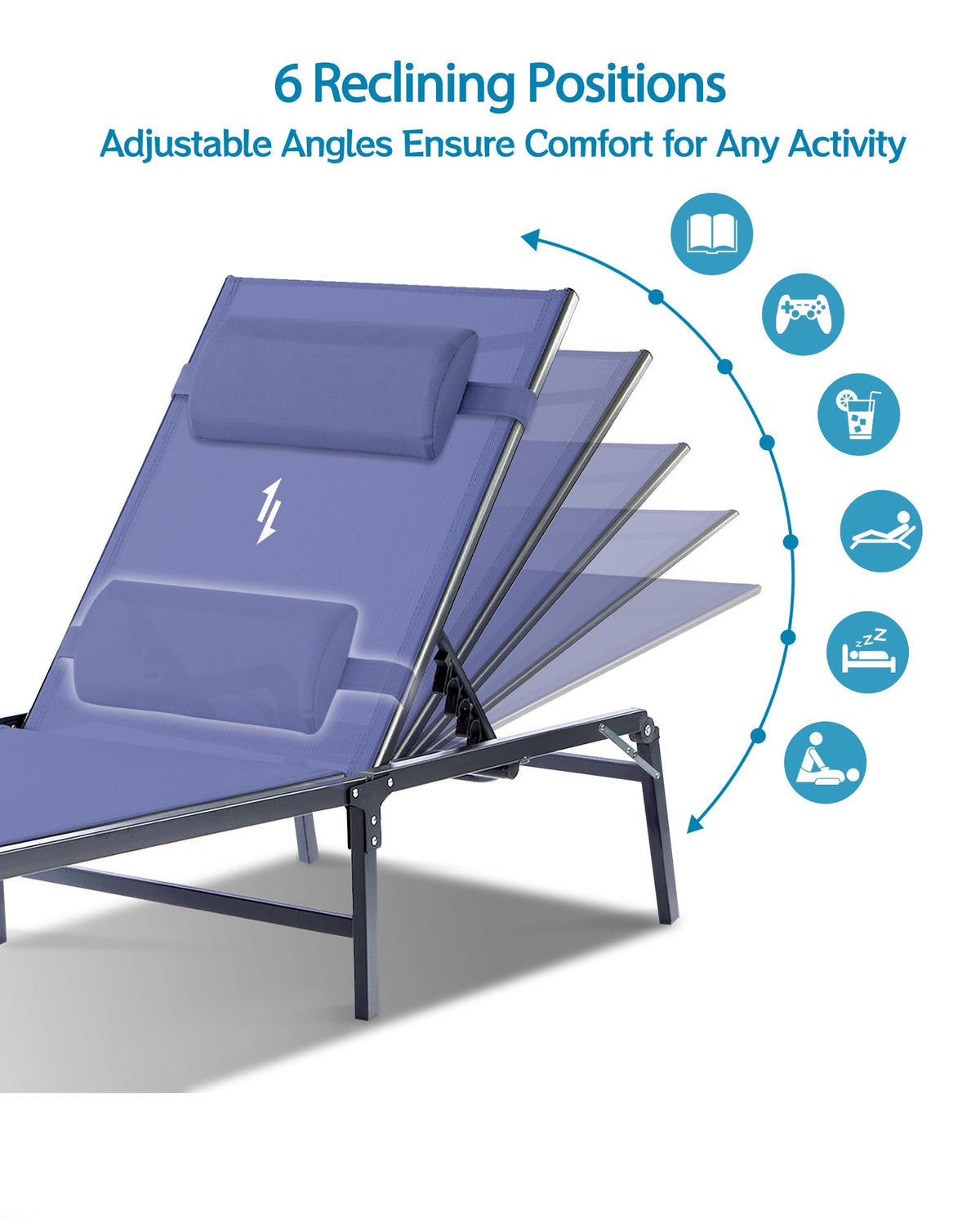 2 Pack Blue Foldable Chaise Lounge Chair with Cup Holder and Pillow B519