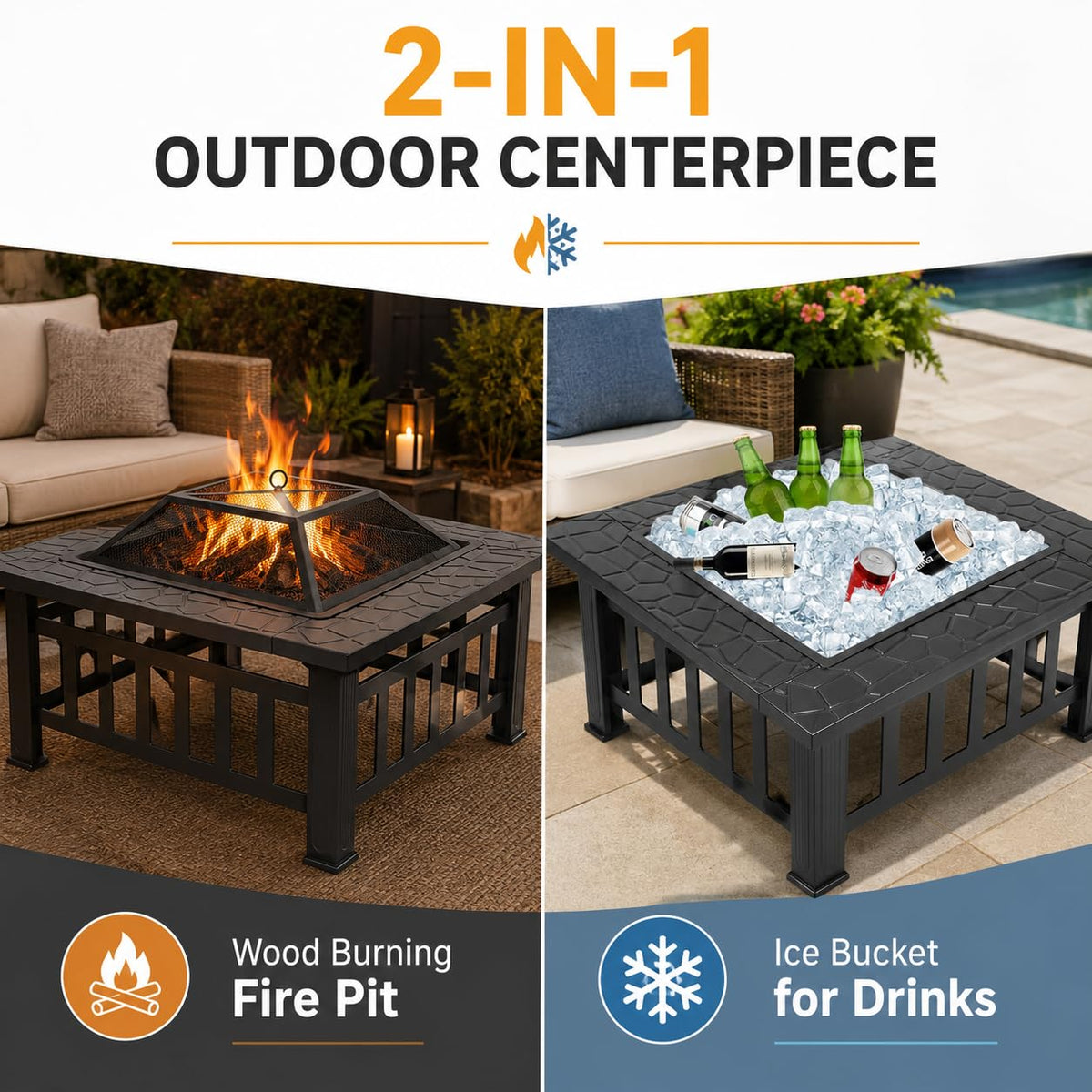 32 Inch Square Metal Wood Burning Fire Pit with Spark Screen and Poker X4632