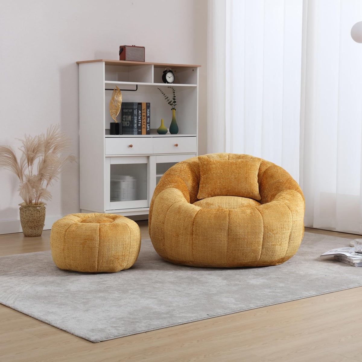 Yellow Chenille Memory Foam Bean Bag Chair with Ottoman W1160