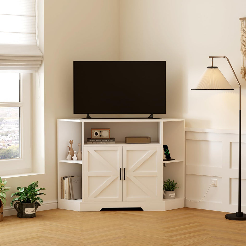 Corner TV Stand with Power Outlet & Barn Doors Z495