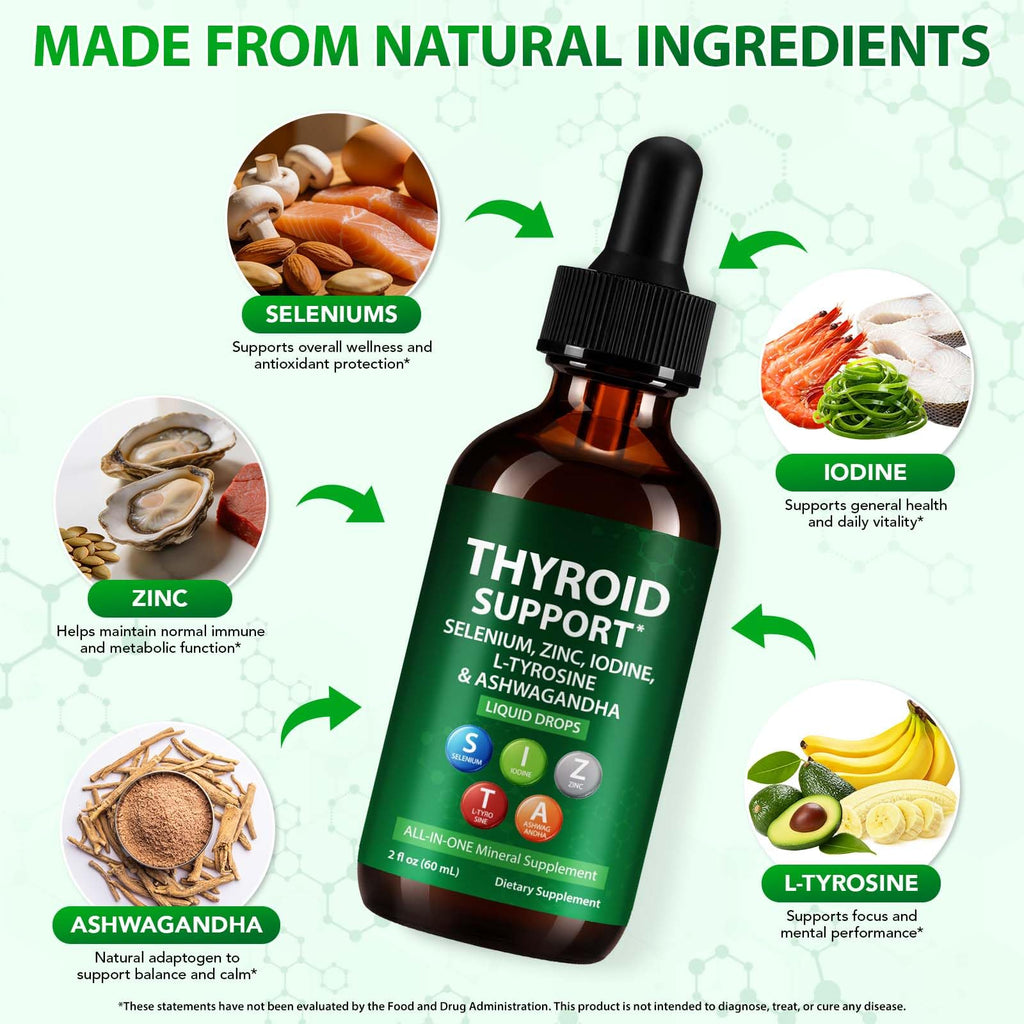 Iodine Selenium Zinc Ashwagandha L-Tyrosine Thyroid Support Liquid Drops 2 Fl Oz T43086