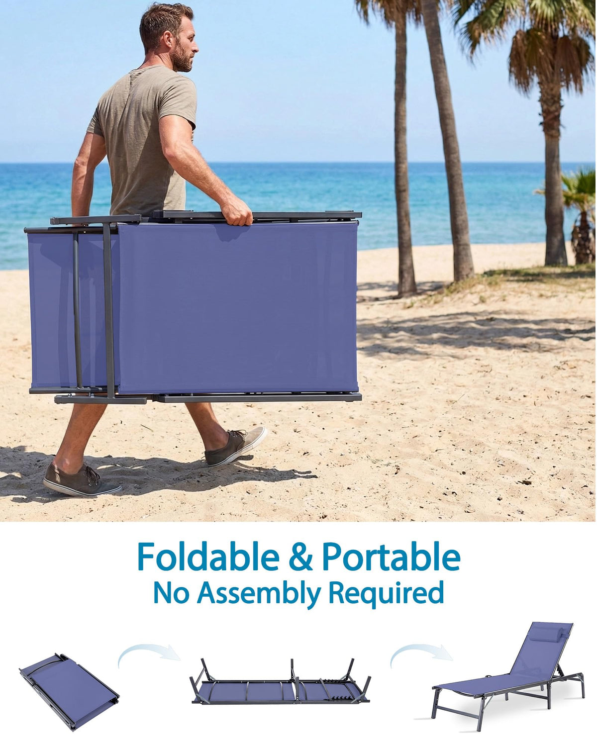 2 Pack Blue Foldable Chaise Lounge Chair with Cup Holder and Pillow B519