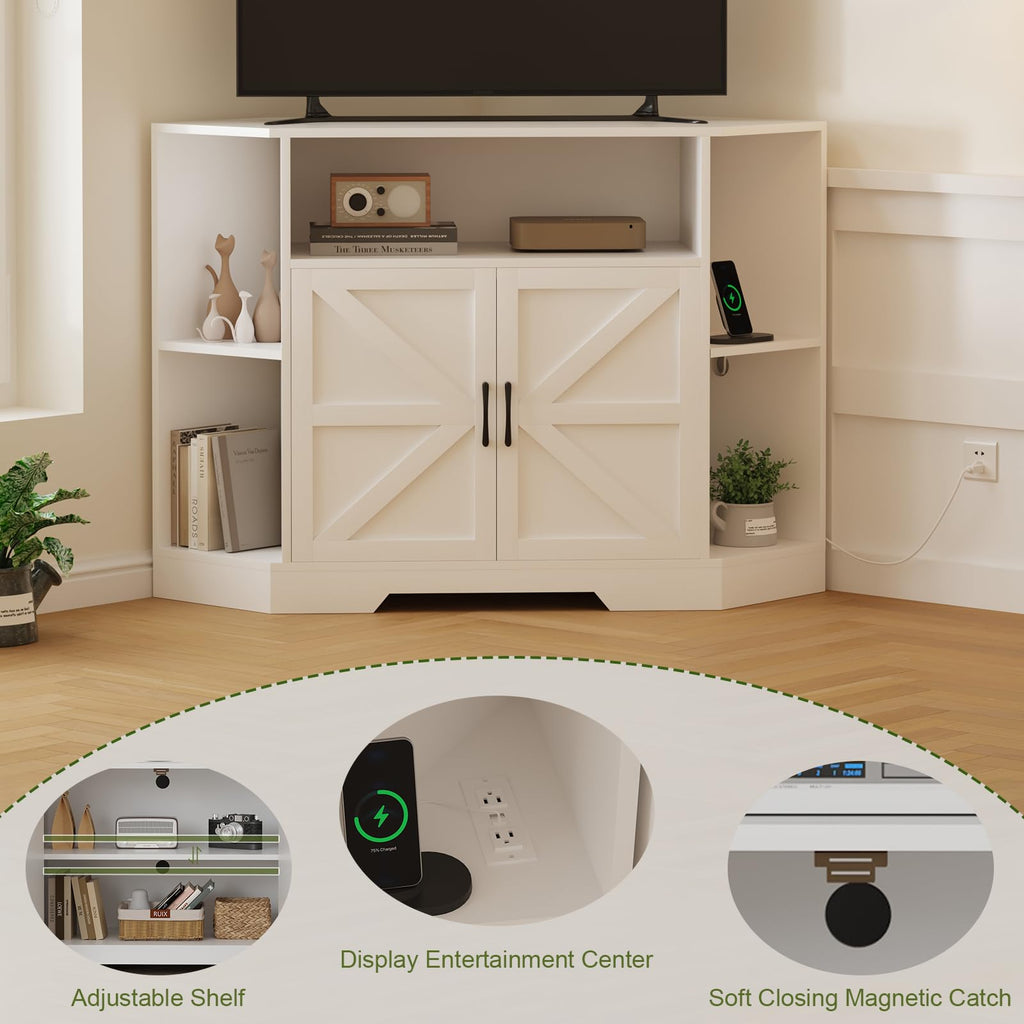 Corner TV Stand with Power Outlet & Barn Doors Z495