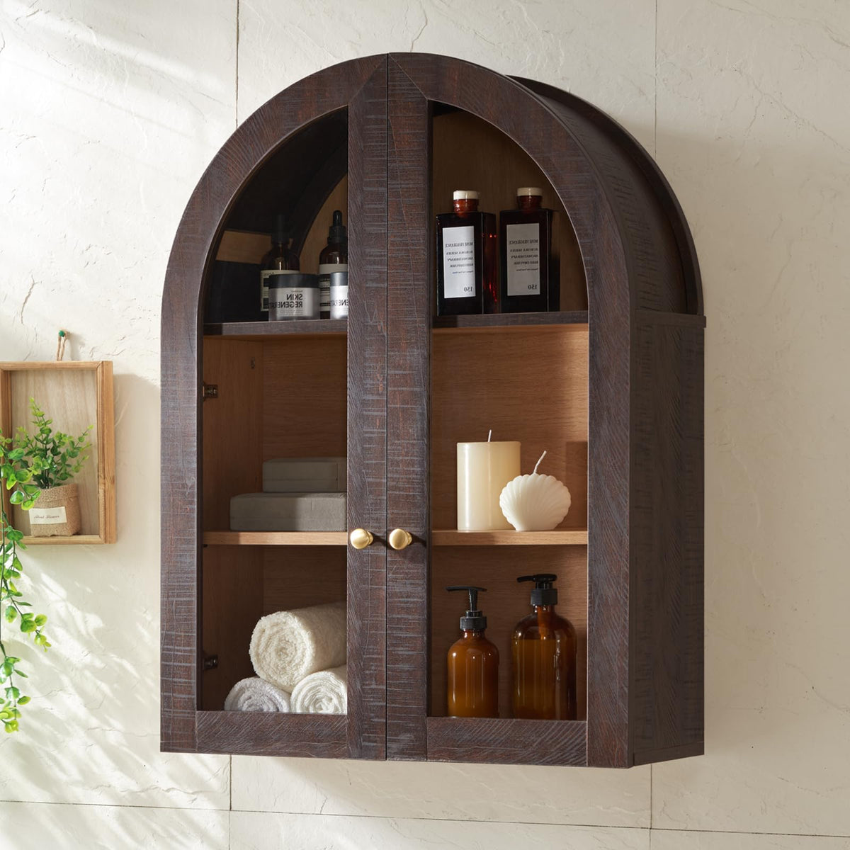 Arched Wall Cabinet with Glass Doors & Adjustable Shelves, 23.5×31.4 Inch F77276