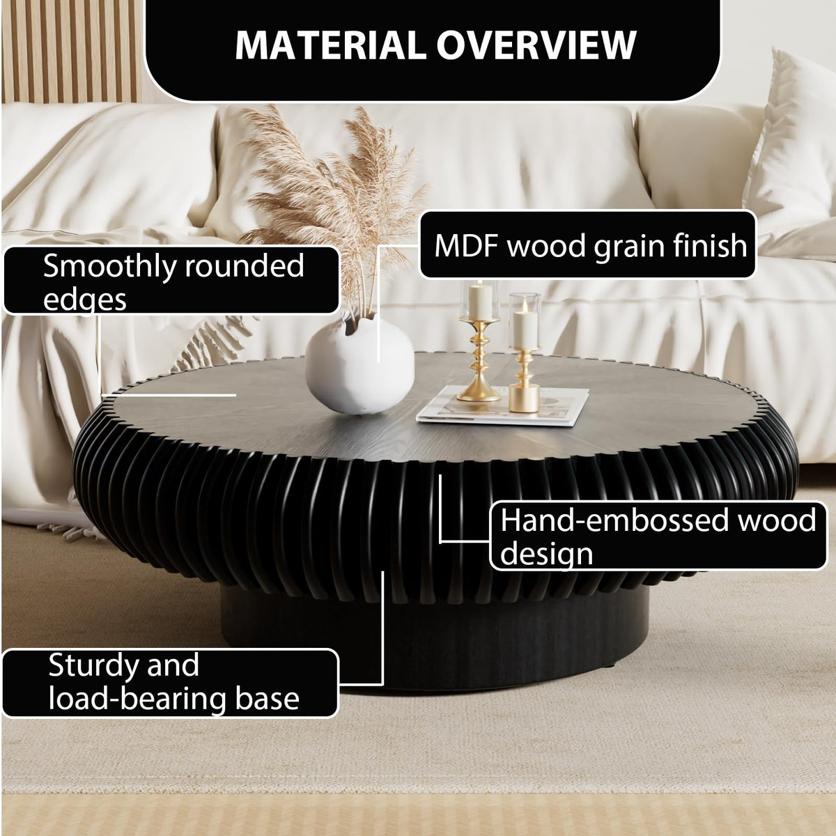 Black Round Fluted Drum Coffee Table P7924
