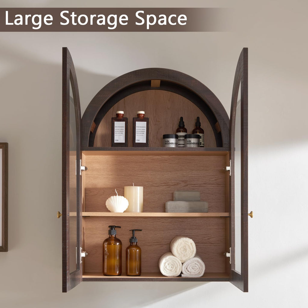 Arched Wall Cabinet with Glass Doors & Adjustable Shelves, 23.5×31.4 Inch F77276