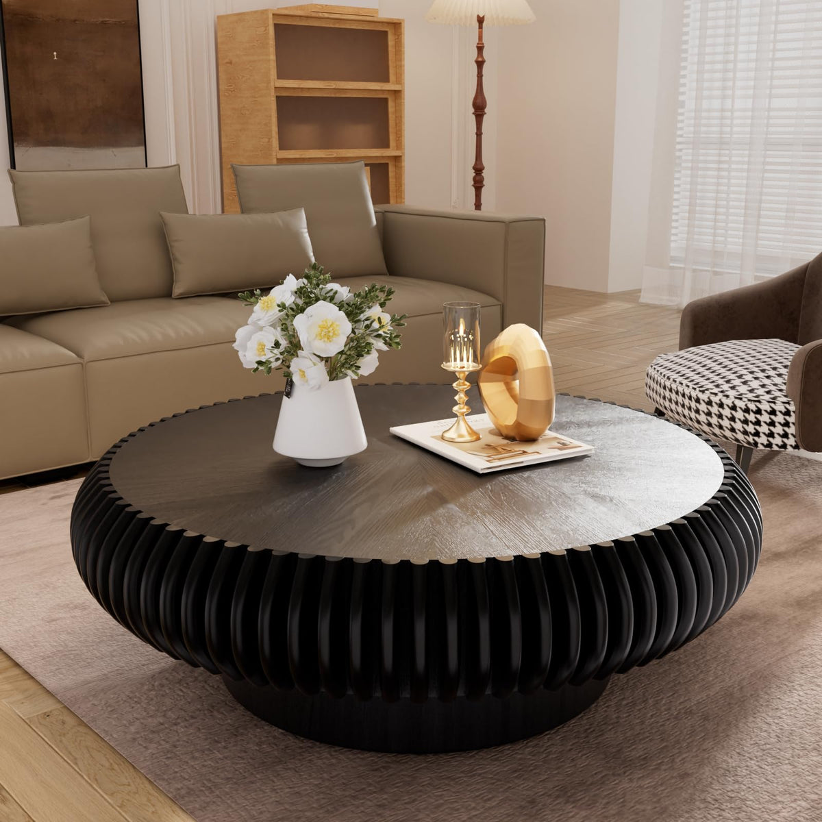 Black Round Fluted Drum Coffee Table P7924