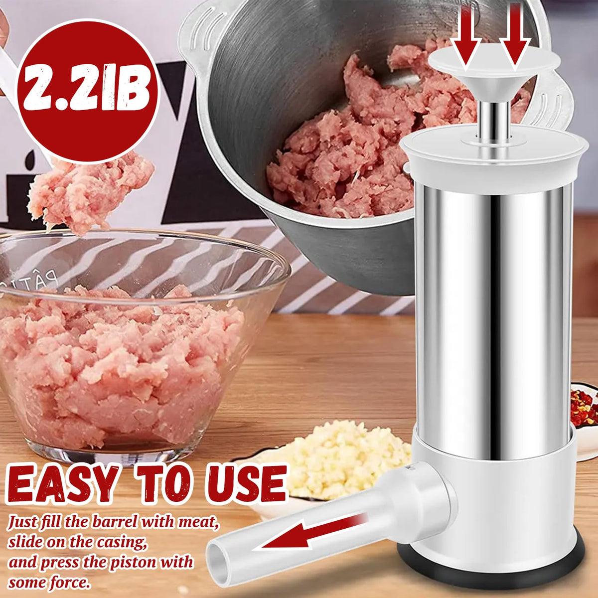 2.2lb Stainless Steel Sausage Stuffer with 4 Stuffing Tubes O8080