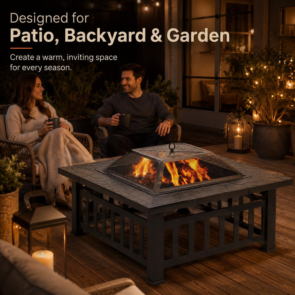 32 Inch Square Metal Wood Burning Fire Pit with Spark Screen and Poker X4632