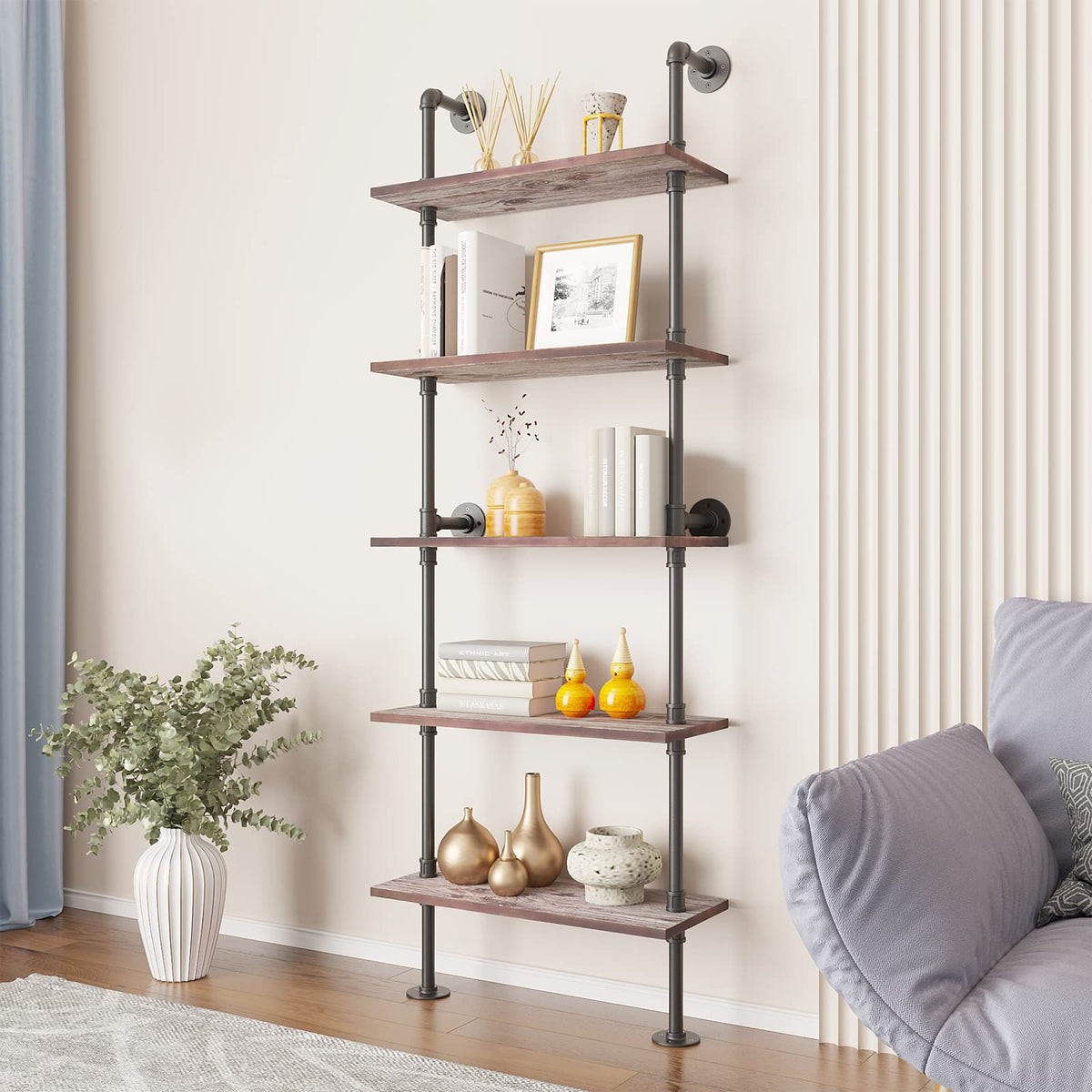 5 Tier Solid Wood Industrial Pipe Ladder Shelf L207