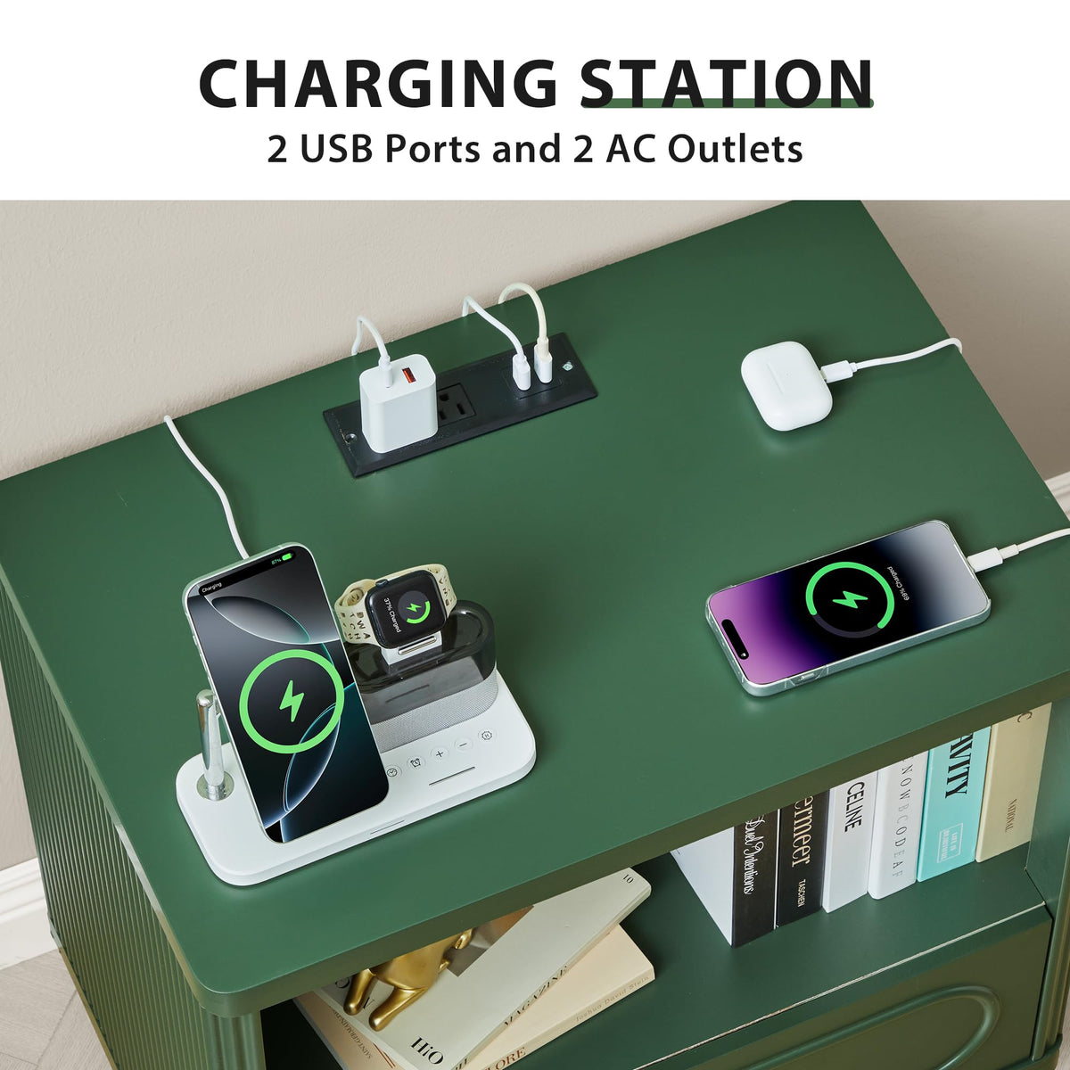 Green Fluted Nightstand Set of 2 with Charging Station U517