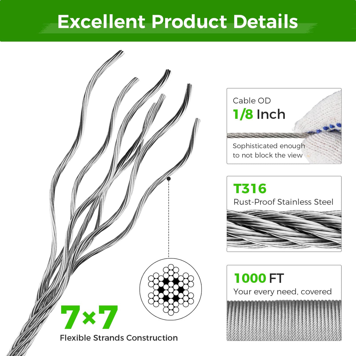 1/8” T316 Stainless Steel Cable 7x7 Wire Rope B610145
