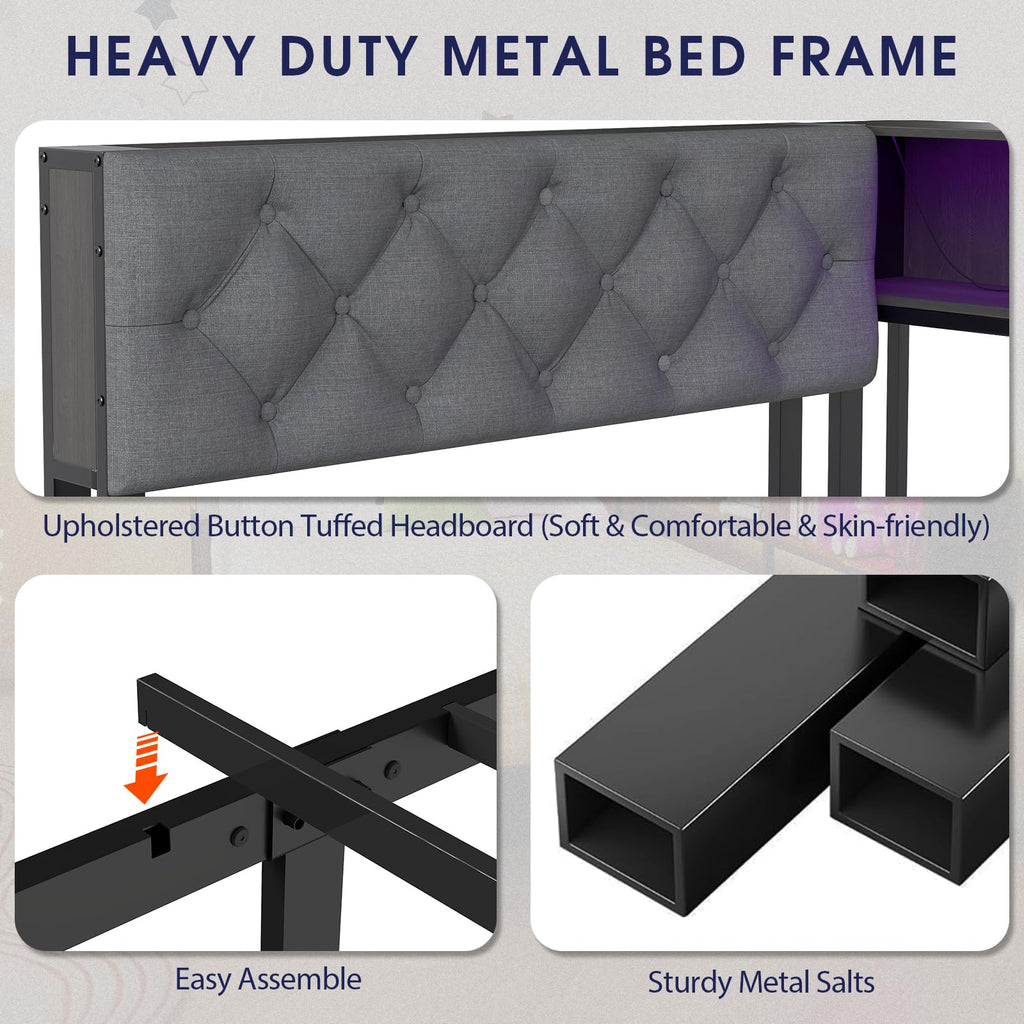 Gray Twin Corner Bed Frame with Storage Bookcase and Headboard G334613