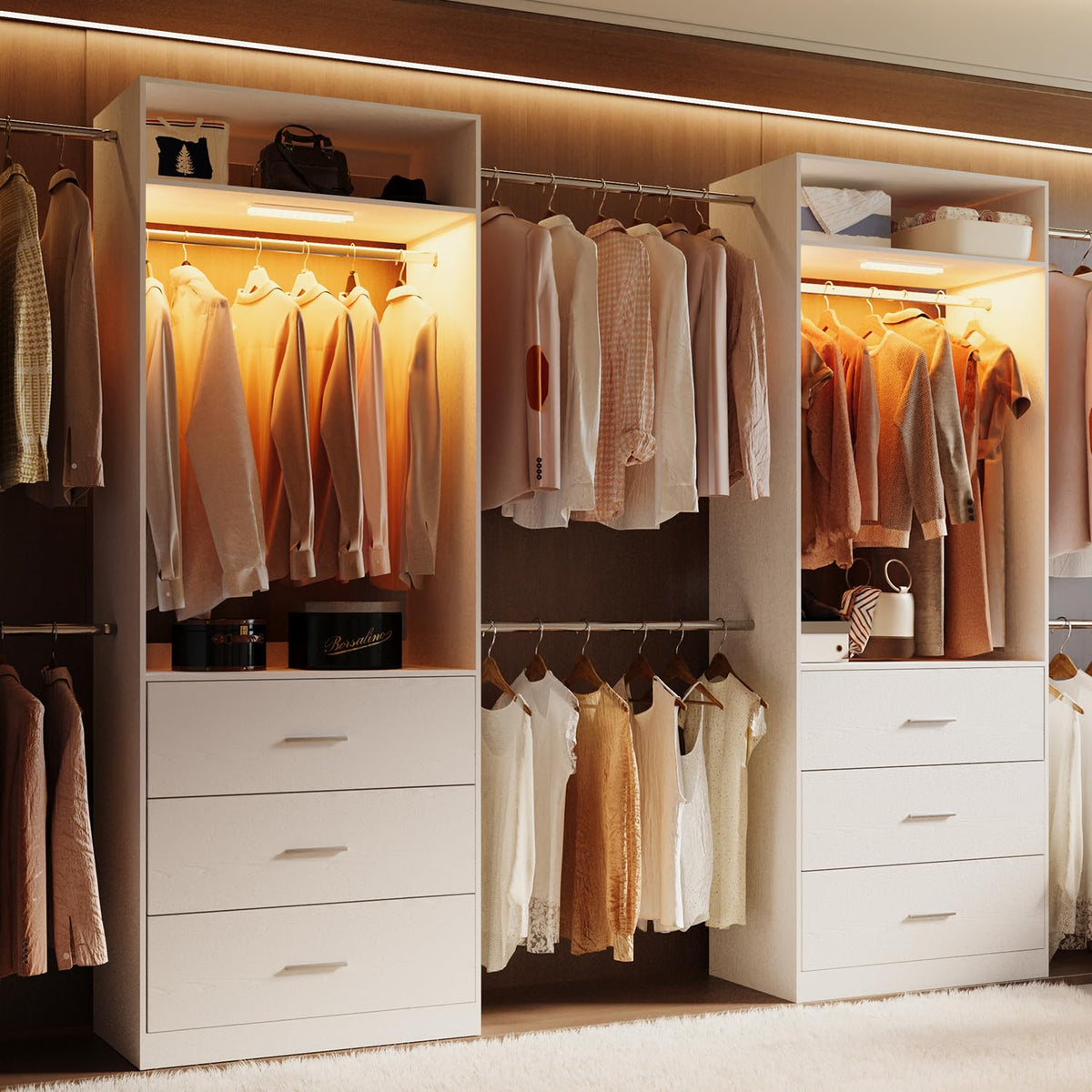 Wooden 11FT Closet Organizer with 3 Drawers and 4 Hanging Rods White Z716