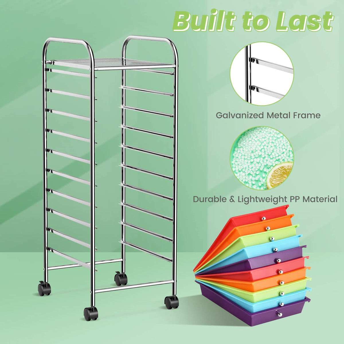 10-Tier Rolling Storage Cart with Drawers L830