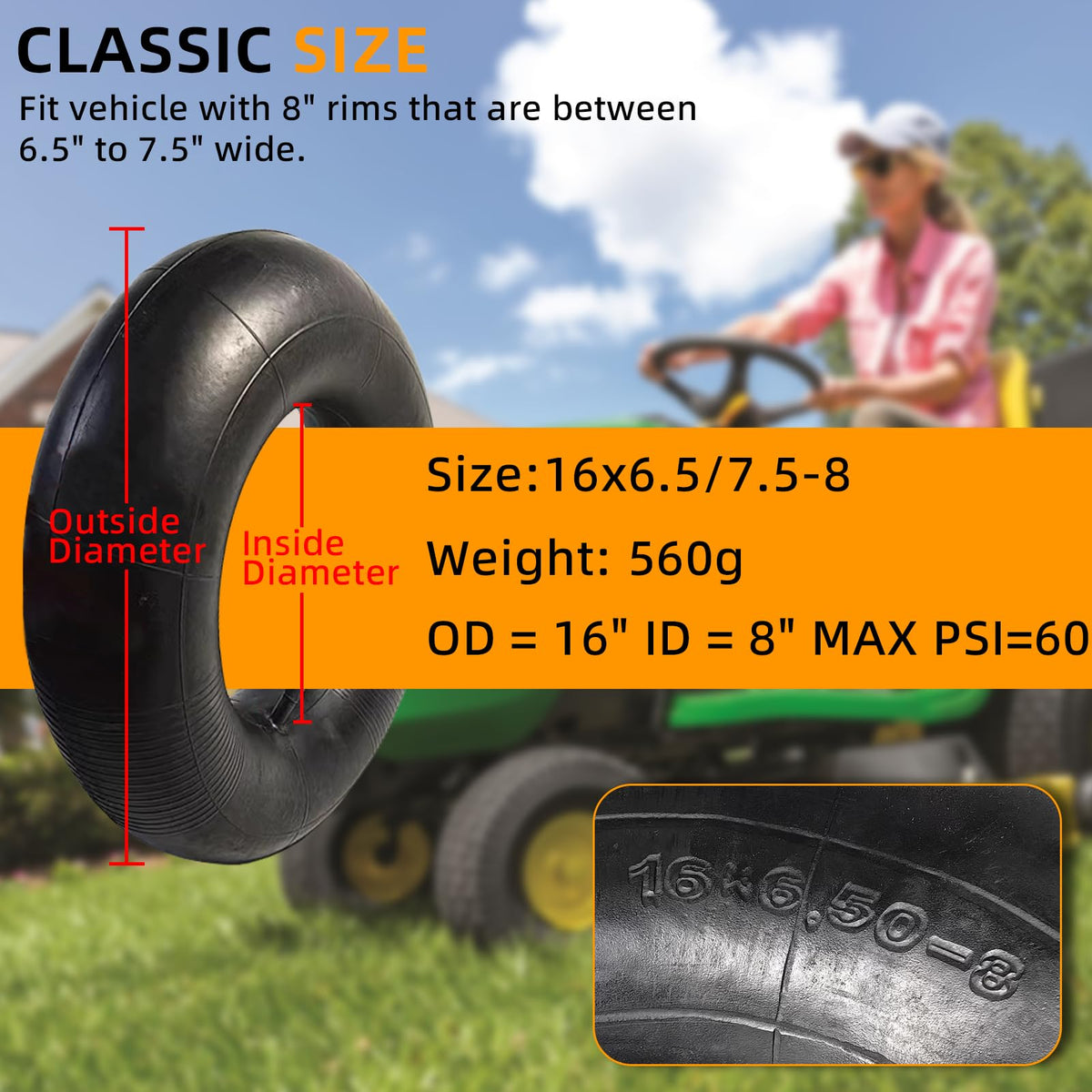 2 Pack 16x6.50-8/7.50-8 Lawn Mower Tire Inner Tubes with TR-13 Straight Valve Stem S8517
