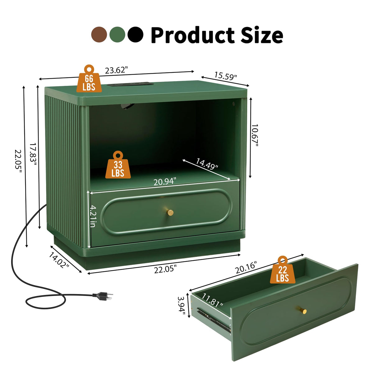 Green Fluted Nightstand Set of 2 with Charging Station U517