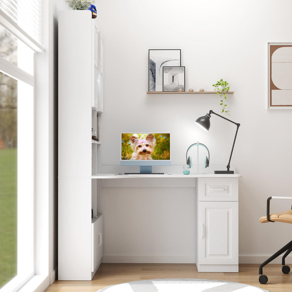 White L Shaped Corner Computer Desk with Bookshelf and Drawer S43886
