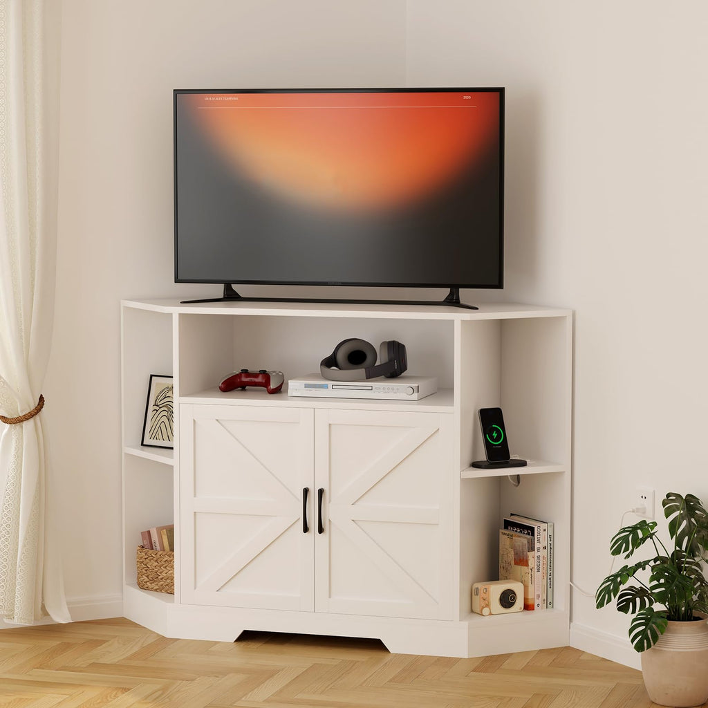 Corner TV Stand with Power Outlet & Barn Doors Z495