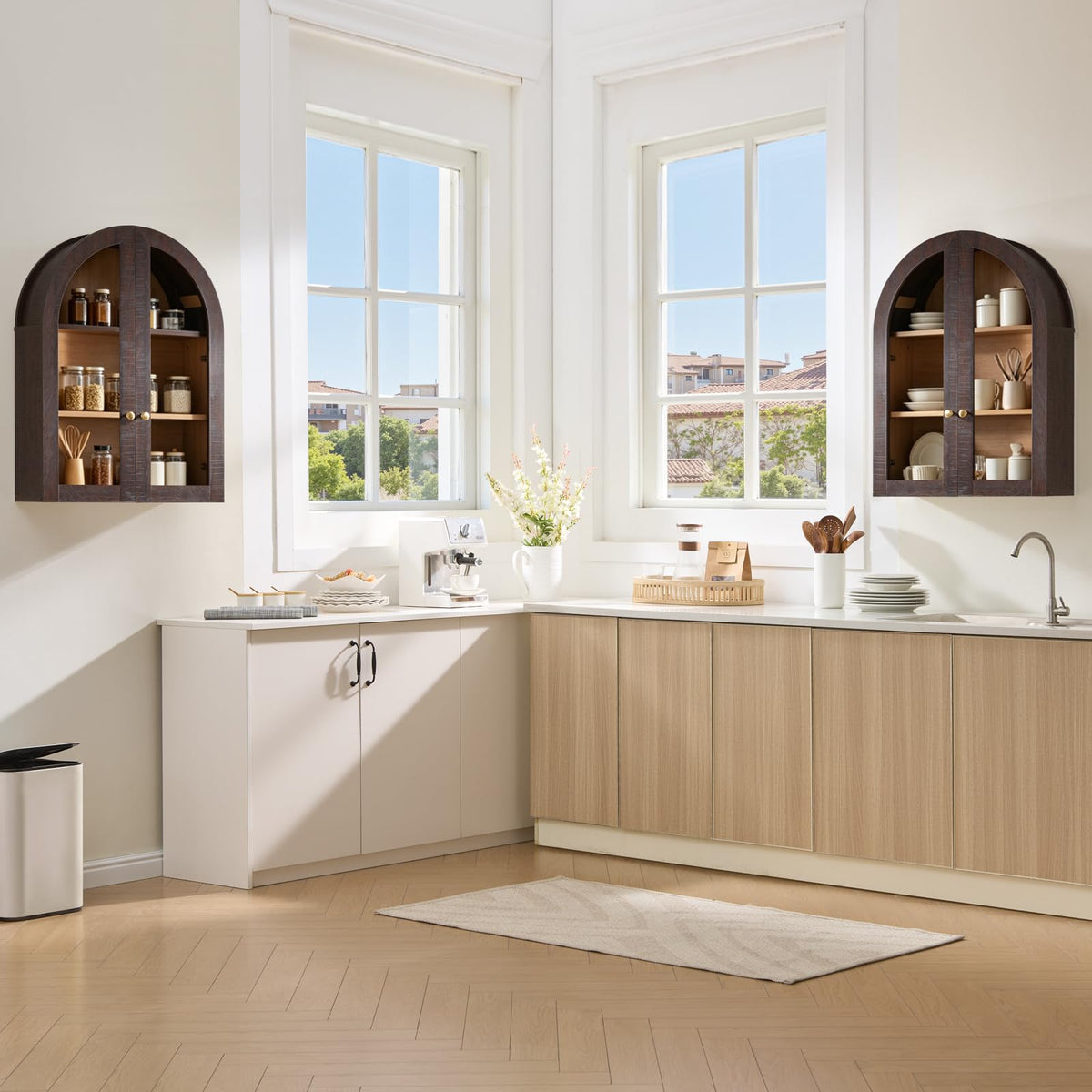 Arched Wall Cabinet with Glass Doors & Adjustable Shelves, 23.5×31.4 Inch F77276