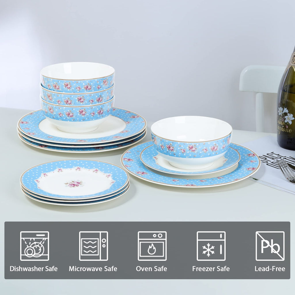 12 Piece Blue Floral Ceramic Dinnerware Set W872920