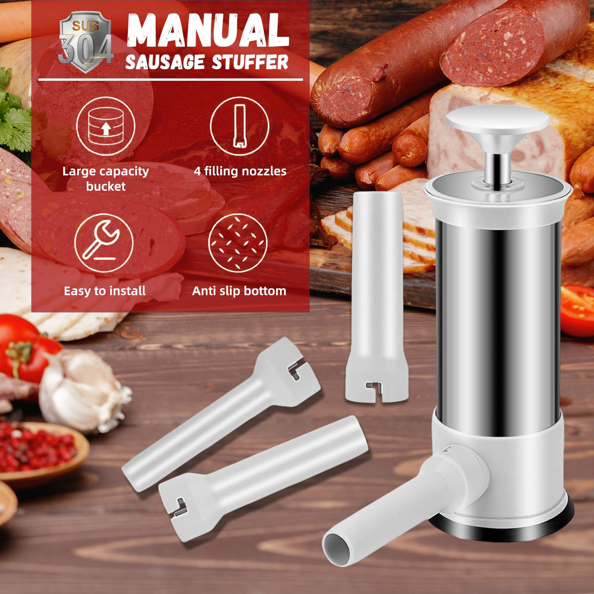 2.2lb Stainless Steel Sausage Stuffer with 4 Stuffing Tubes O8080