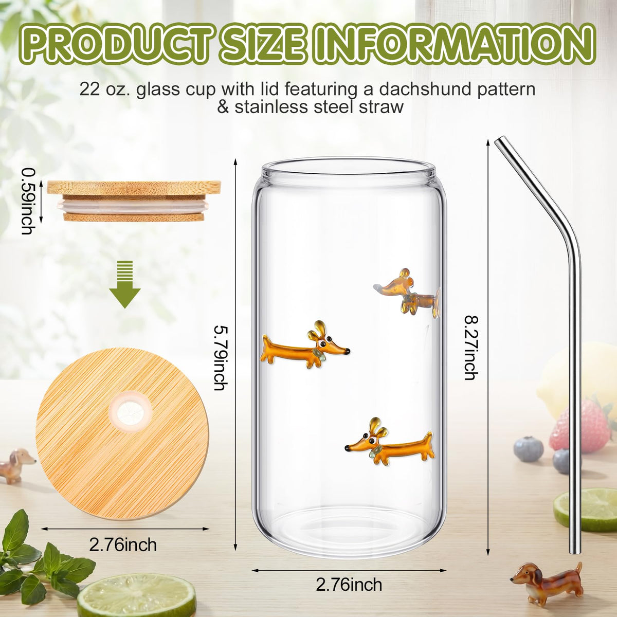 22 oz Dachshund Glass Cup with Lid Straw X310232