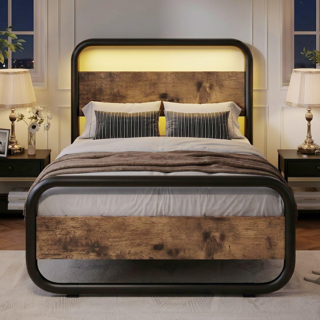 Brown Metal Platform Twin Bed Frame with Wood Headboard J84149