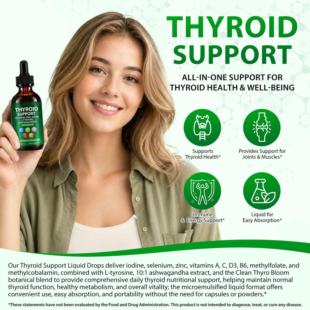Iodine Selenium Zinc Ashwagandha L-Tyrosine Thyroid Support Liquid Drops 2 Fl Oz T43086