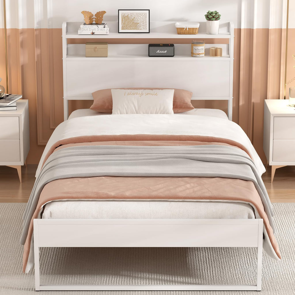 White Metal Twin Bed Frame with 2-Tier Storage Headboard L945506