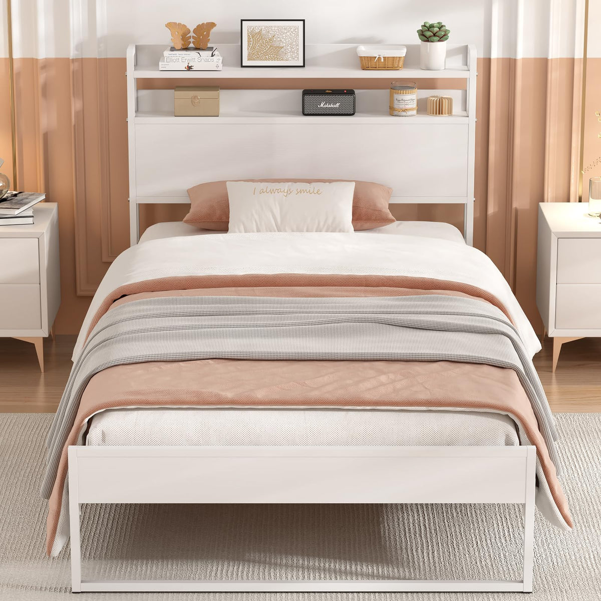 White Metal Twin Bed Frame with 2-Tier Storage Headboard L945506