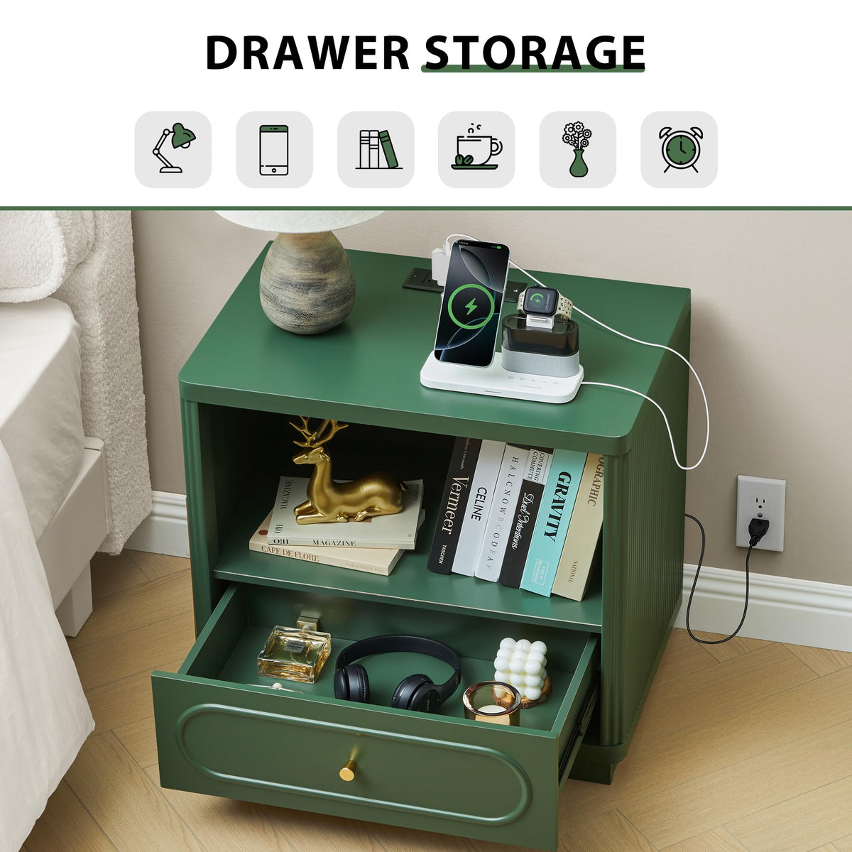 Green Fluted Nightstand Set of 2 with Charging Station U517